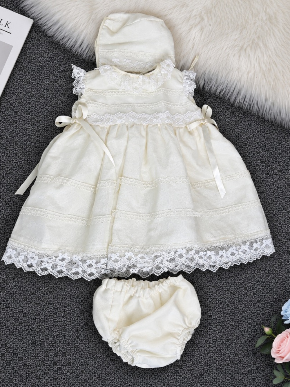 Classic Ivory Lace Baby Dress & Bloomers Set for Baptism (HANDMADE)